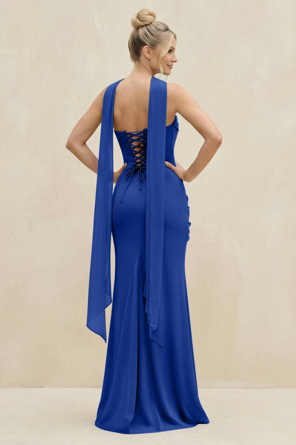 Cowl Neck Sheath Chiffon Bridesmaid Dress with Ribbon in Royal Blue - KissProm Bridesmaid Dresses
