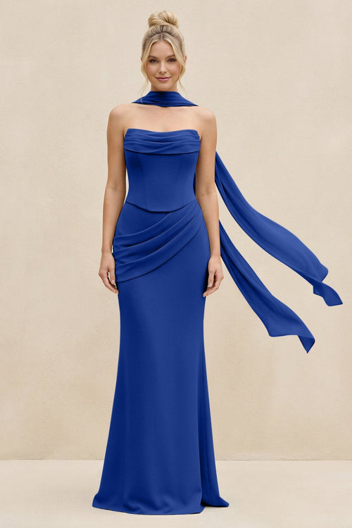 Cowl Neck Sheath Chiffon Bridesmaid Dress with Ribbon in Royal Blue - KissProm Bridesmaid Dresses