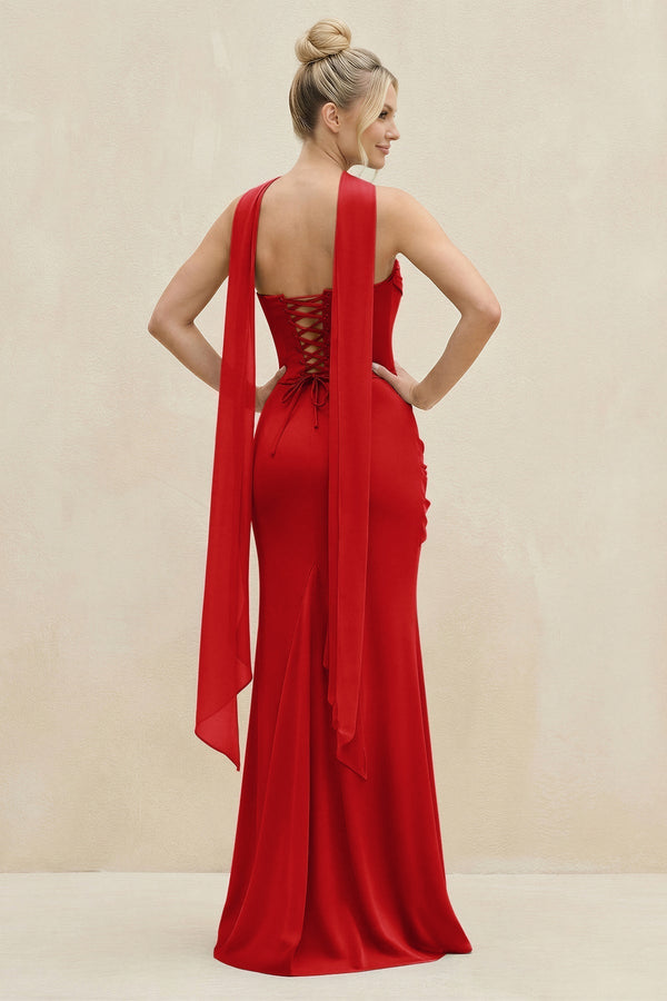 Cowl Neck Sheath Chiffon Bridesmaid Dress with Ribbon in Ruby Red - KissProm Bridesmaid Dresses