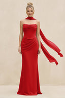 Cowl Neck Sheath Chiffon Bridesmaid Dress with Ribbon in Ruby Red - KissProm Bridesmaid Dresses