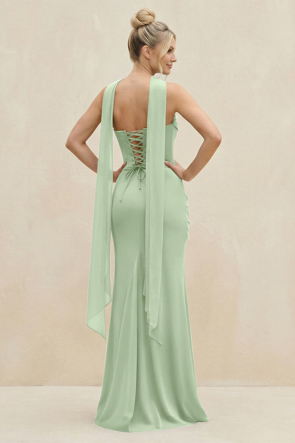 Cowl Neck Sheath Chiffon Bridesmaid Dress with Ribbon in Sage - KissProm Bridesmaid Dresses