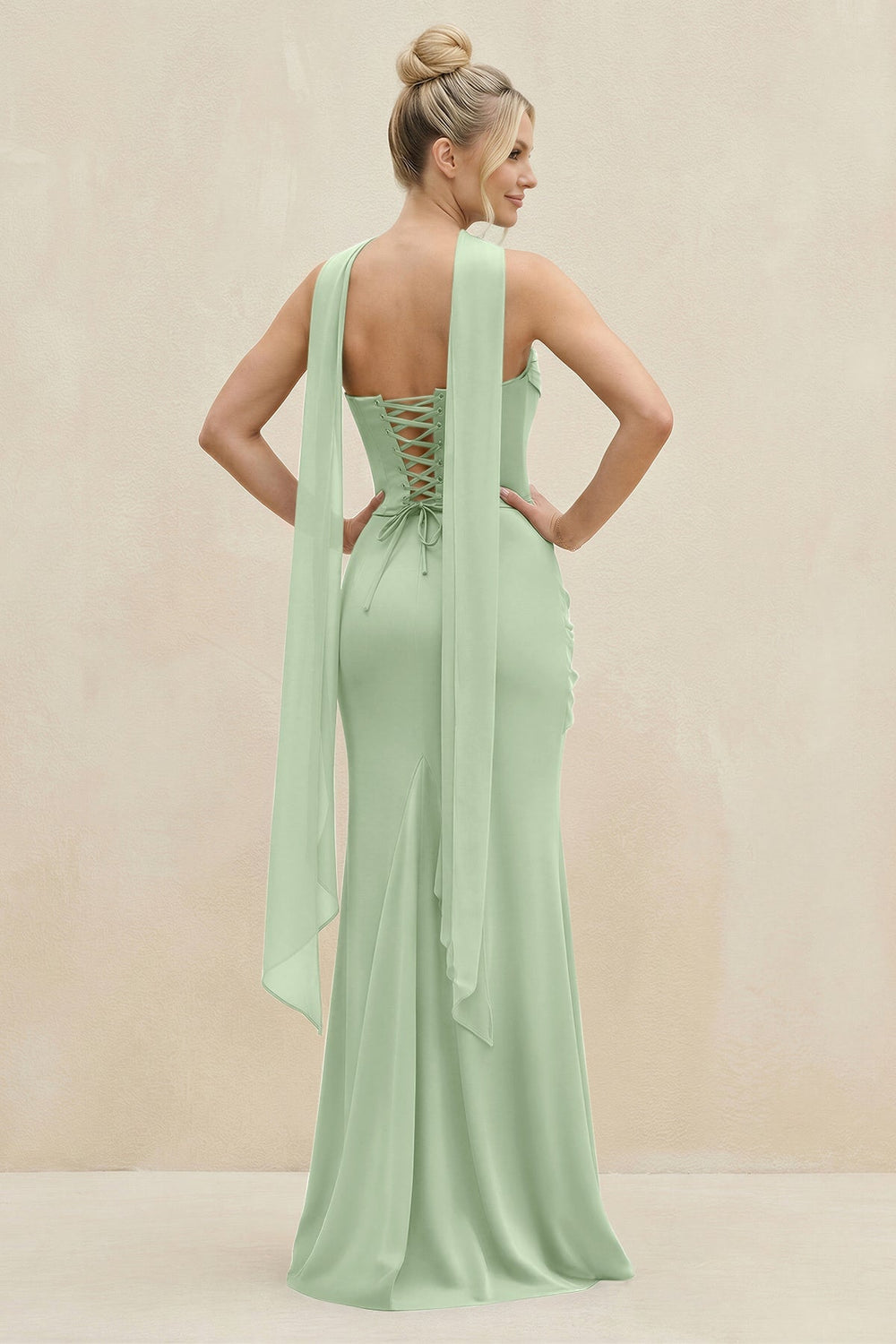 Cowl Neck Sheath Chiffon Bridesmaid Dress with Ribbon in Sage - KissProm Bridesmaid Dresses