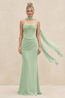 Cowl Neck Sheath Chiffon Bridesmaid Dress with Ribbon in Sage - KissProm Bridesmaid Dresses