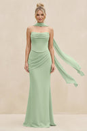 Cowl Neck Sheath Chiffon Bridesmaid Dress with Ribbon in Sage - KissProm Bridesmaid Dresses