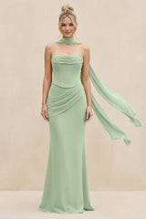 Cowl Neck Sheath Chiffon Bridesmaid Dress with Ribbon in Sage - KissProm Bridesmaid Dresses
