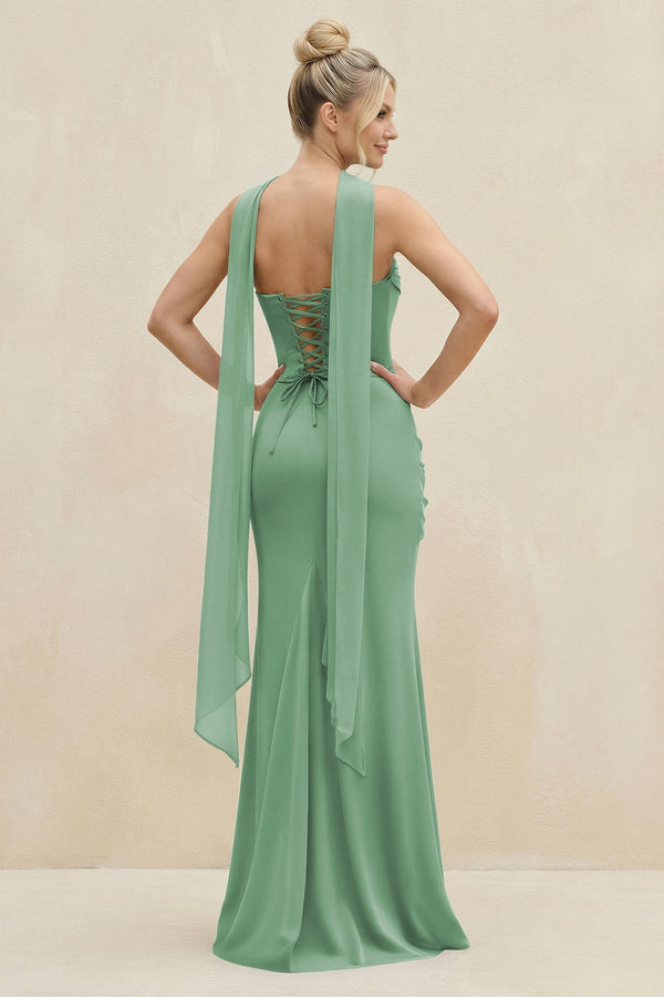 Cowl Neck Sheath Chiffon Bridesmaid Dress with Ribbon in Sea Glass - KissProm Bridesmaid Dresses