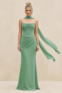Cowl Neck Sheath Chiffon Bridesmaid Dress with Ribbon in Sea Glass - KissProm Bridesmaid Dresses