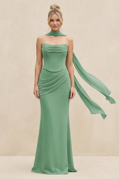 Cowl Neck Sheath Chiffon Bridesmaid Dress with Ribbon in Sea Glass - KissProm Bridesmaid Dresses