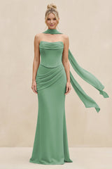Cowl Neck Sheath Chiffon Bridesmaid Dress with Ribbon in Sea Glass - KissProm Bridesmaid Dresses