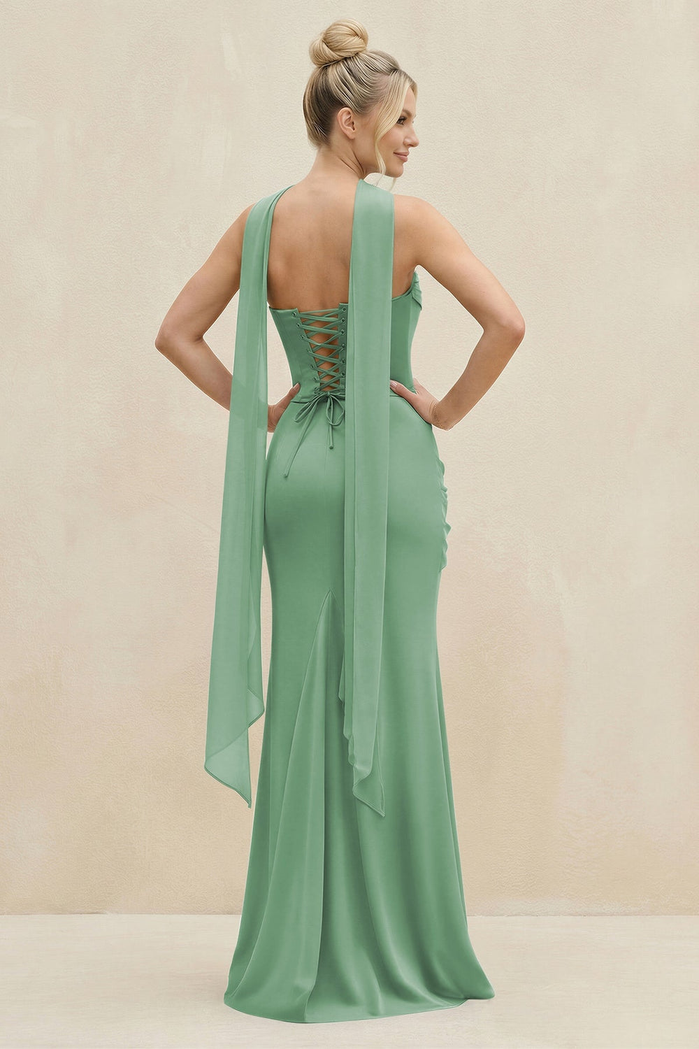 Cowl Neck Sheath Chiffon Bridesmaid Dress with Ribbon in Sea Glass - KissProm Bridesmaid Dresses