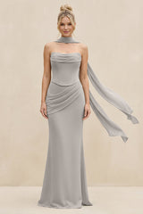 Cowl Neck Sheath Chiffon Bridesmaid Dress with Ribbon in Silver - KissProm Bridesmaid Dresses