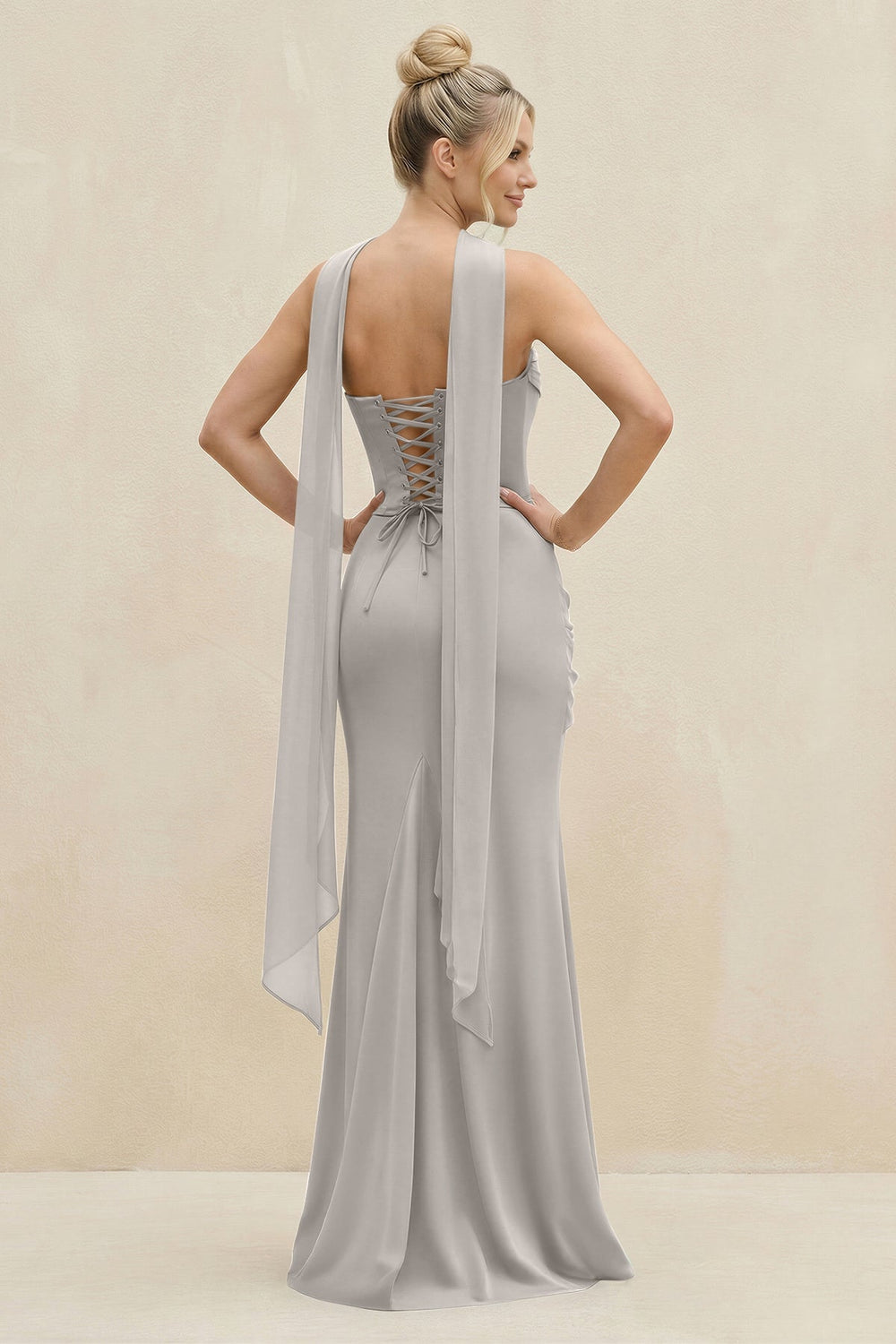 Cowl Neck Sheath Chiffon Bridesmaid Dress with Ribbon in Silver - KissProm Bridesmaid Dresses