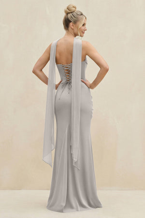 Cowl Neck Sheath Chiffon Bridesmaid Dress with Ribbon in Silver - KissProm Bridesmaid Dresses