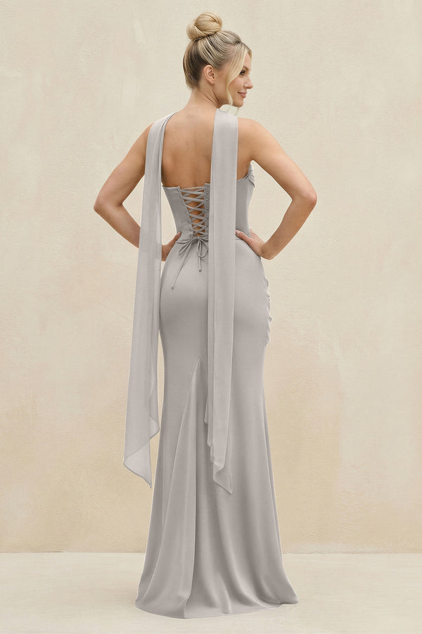 Cowl Neck Sheath Chiffon Bridesmaid Dress with Ribbon in Silver - KissProm Bridesmaid Dresses
