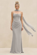 Cowl Neck Sheath Chiffon Bridesmaid Dress with Ribbon in Silver - KissProm Bridesmaid Dresses