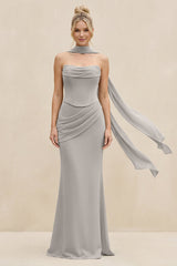 Cowl Neck Sheath Chiffon Bridesmaid Dress with Ribbon in Silver - KissProm Bridesmaid Dresses