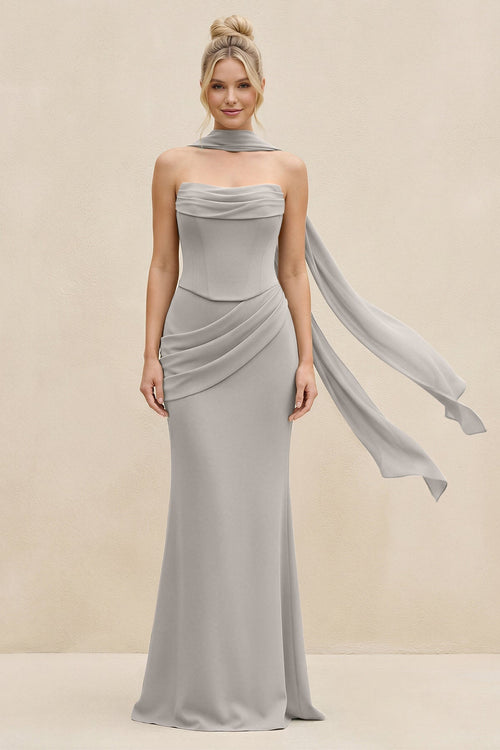Cowl Neck Sheath Chiffon Bridesmaid Dress with Ribbon in Silver - KissProm Bridesmaid Dresses