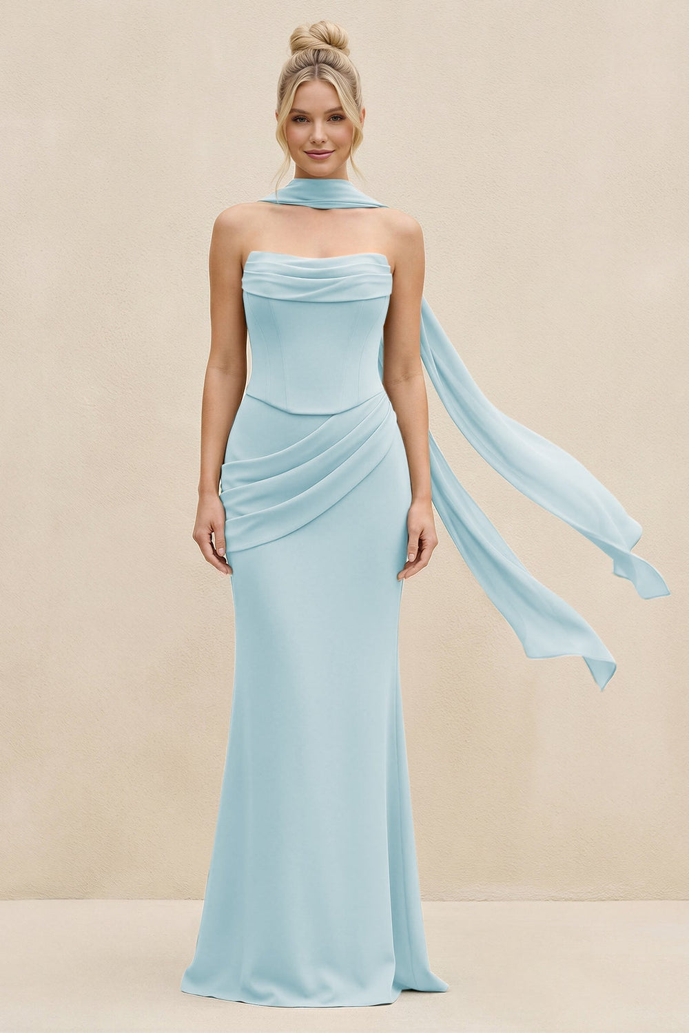 Cowl Neck Sheath Chiffon Bridesmaid Dress with Ribbon in Sky Blue - KissProm Bridesmaid Dresses