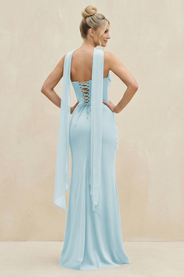 Cowl Neck Sheath Chiffon Bridesmaid Dress with Ribbon in Sky Blue - KissProm Bridesmaid Dresses