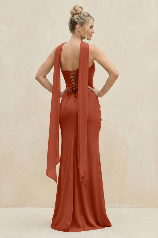 Cowl Neck Sheath Chiffon Bridesmaid Dress with Ribbon in Spice - KissProm Bridesmaid Dresses