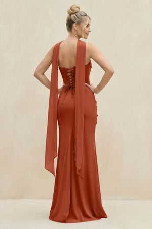 Cowl Neck Sheath Chiffon Bridesmaid Dress with Ribbon in Spice - KissProm Bridesmaid Dresses