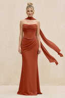 Cowl Neck Sheath Chiffon Bridesmaid Dress with Ribbon in Spice - KissProm Bridesmaid Dresses