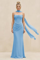 Cowl Neck Sheath Chiffon Bridesmaid Dress with Ribbon in Steel Blue - KissProm Bridesmaid Dresses