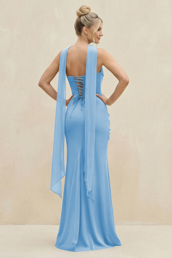 Cowl Neck Sheath Chiffon Bridesmaid Dress with Ribbon in Steel Blue - KissProm Bridesmaid Dresses