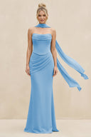 Cowl Neck Sheath Chiffon Bridesmaid Dress with Ribbon in Steel Blue - KissProm Bridesmaid Dresses