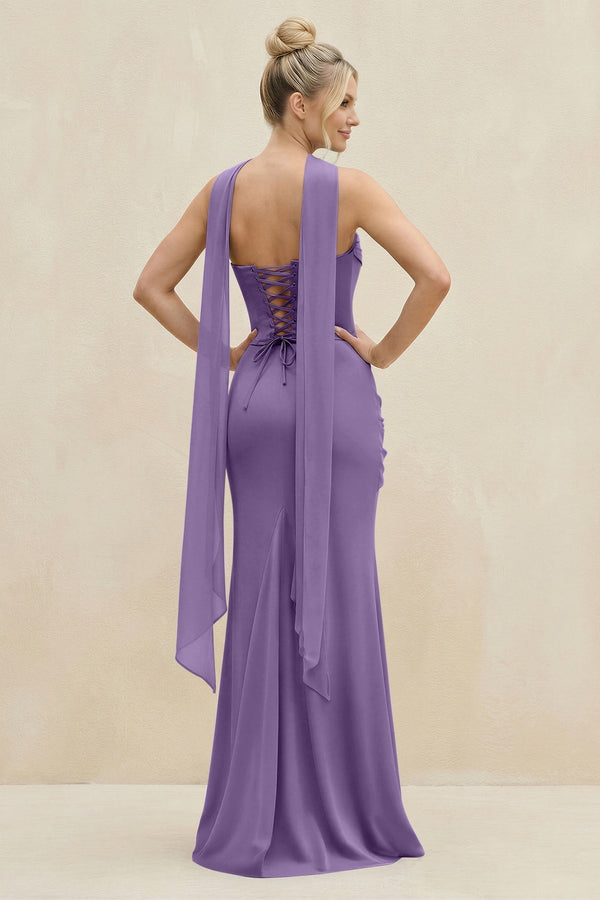 Cowl Neck Sheath Chiffon Bridesmaid Dress with Ribbon in Tahiti - KissProm Bridesmaid Dresses