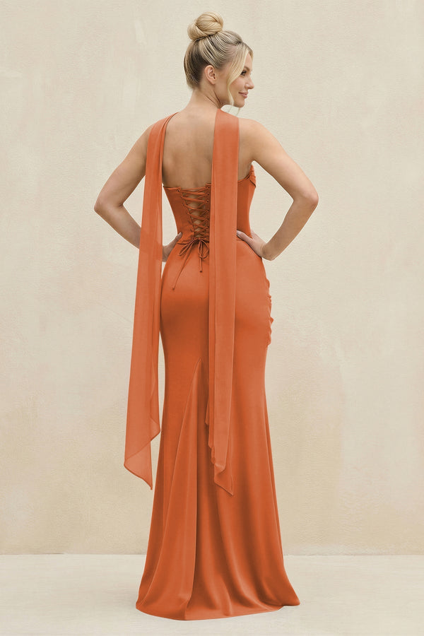 Cowl Neck Sheath Chiffon Bridesmaid Dress with Ribbon in Terracotta - KissProm Bridesmaid Dresses