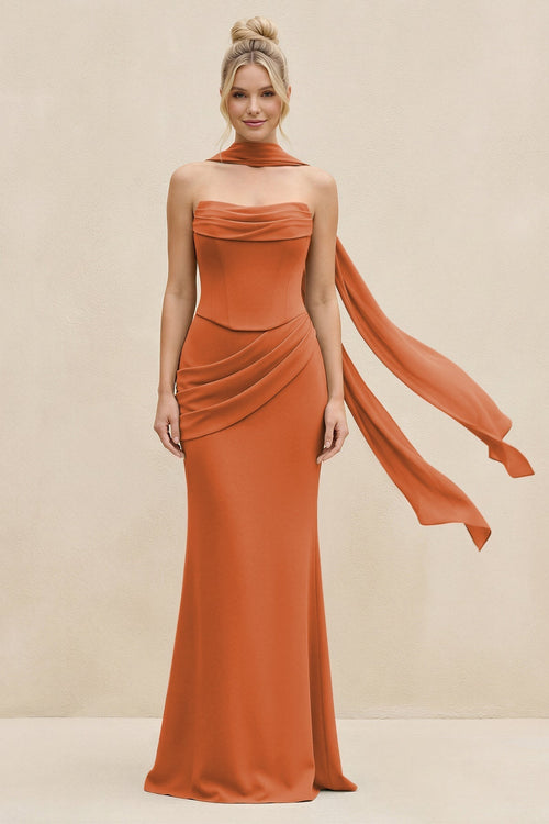 Cowl Neck Sheath Chiffon Bridesmaid Dress with Ribbon in Terracotta - KissProm Bridesmaid Dresses