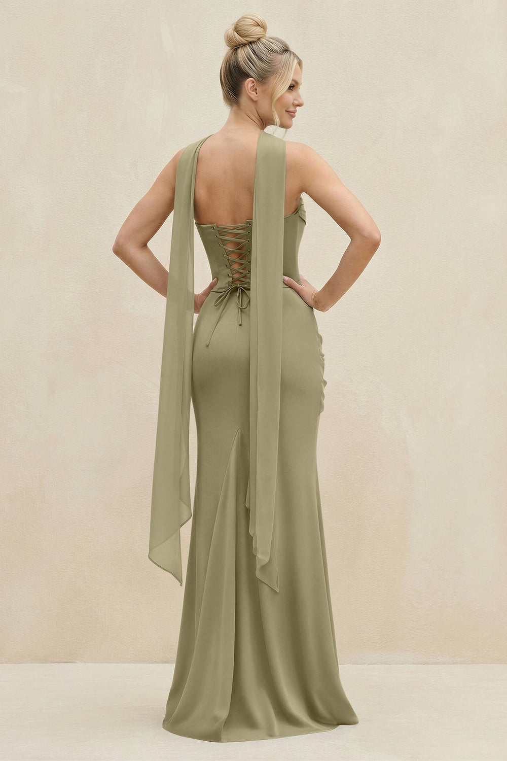 Cowl Neck Sheath Chiffon Bridesmaid Dress with Ribbon in Thyme - KissProm Bridesmaid Dresses
