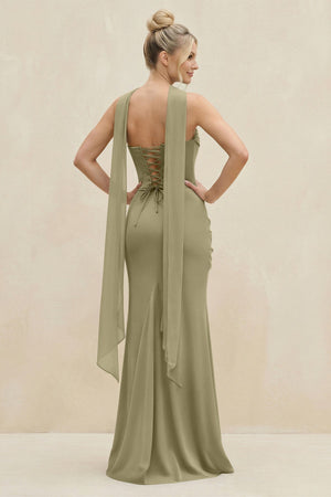 Cowl Neck Sheath Chiffon Bridesmaid Dress with Ribbon in Thyme - KissProm Bridesmaid Dresses