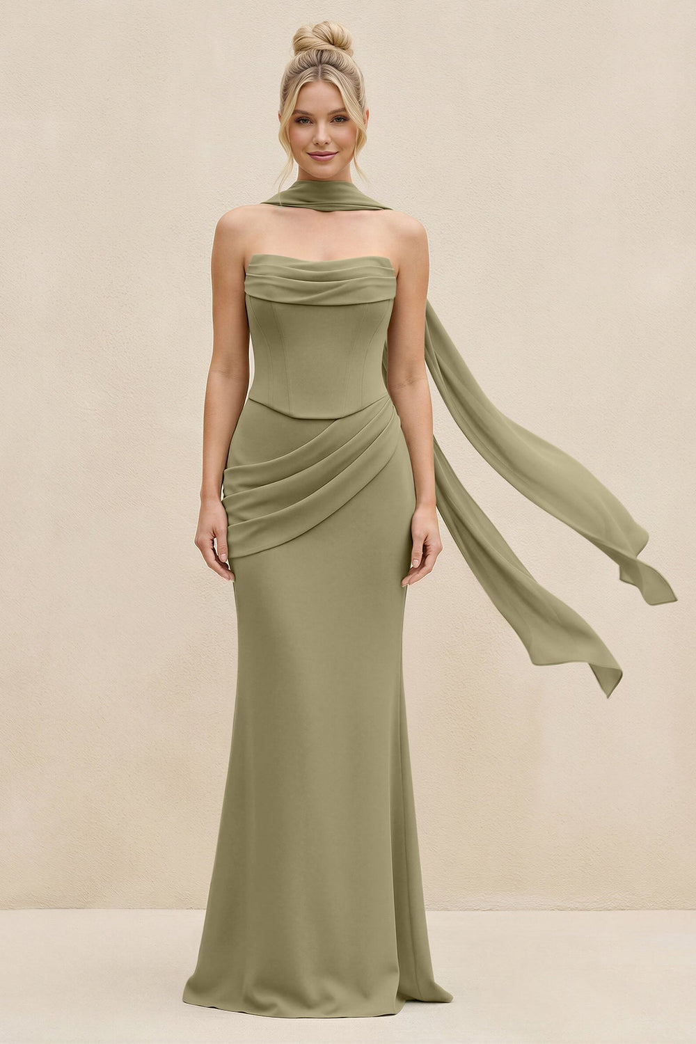 Cowl Neck Sheath Chiffon Bridesmaid Dress with Ribbon in Thyme - KissProm Bridesmaid Dresses