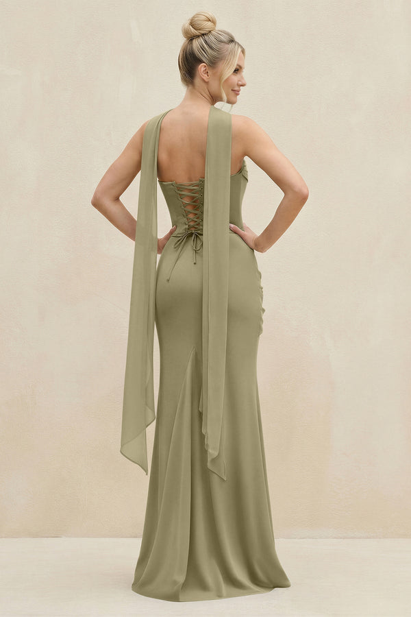 Cowl Neck Sheath Chiffon Bridesmaid Dress with Ribbon in Thyme - KissProm Bridesmaid Dresses