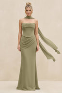 Cowl Neck Sheath Chiffon Bridesmaid Dress with Ribbon in Thyme - KissProm Bridesmaid Dresses
