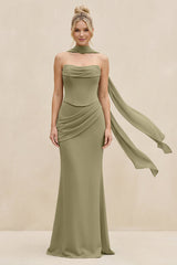 Cowl Neck Sheath Chiffon Bridesmaid Dress with Ribbon in Thyme - KissProm Bridesmaid Dresses