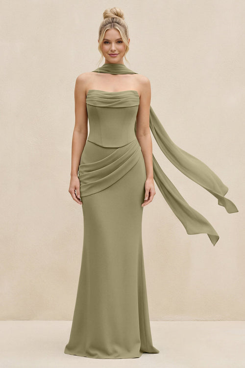 Cowl Neck Sheath Chiffon Bridesmaid Dress with Ribbon in Thyme - KissProm Bridesmaid Dresses