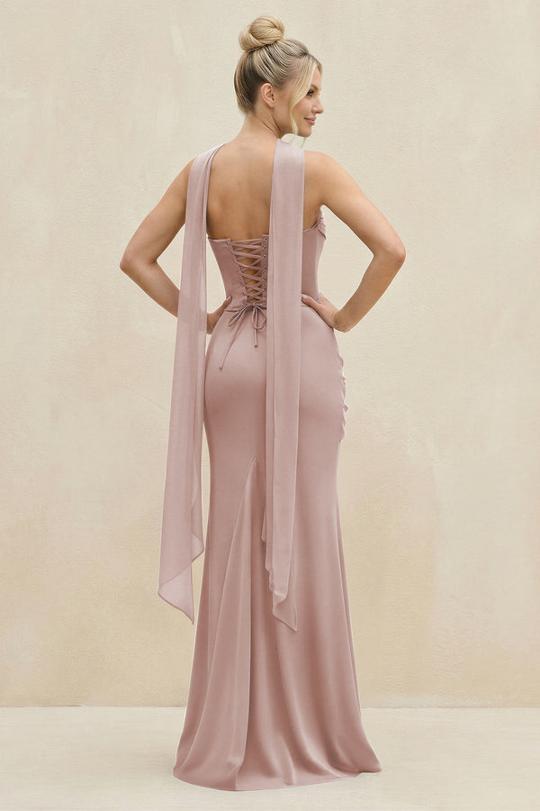 Cowl Neck Sheath Chiffon Bridesmaid Dress with Ribbon in Toffee - KissProm Bridesmaid Dresses