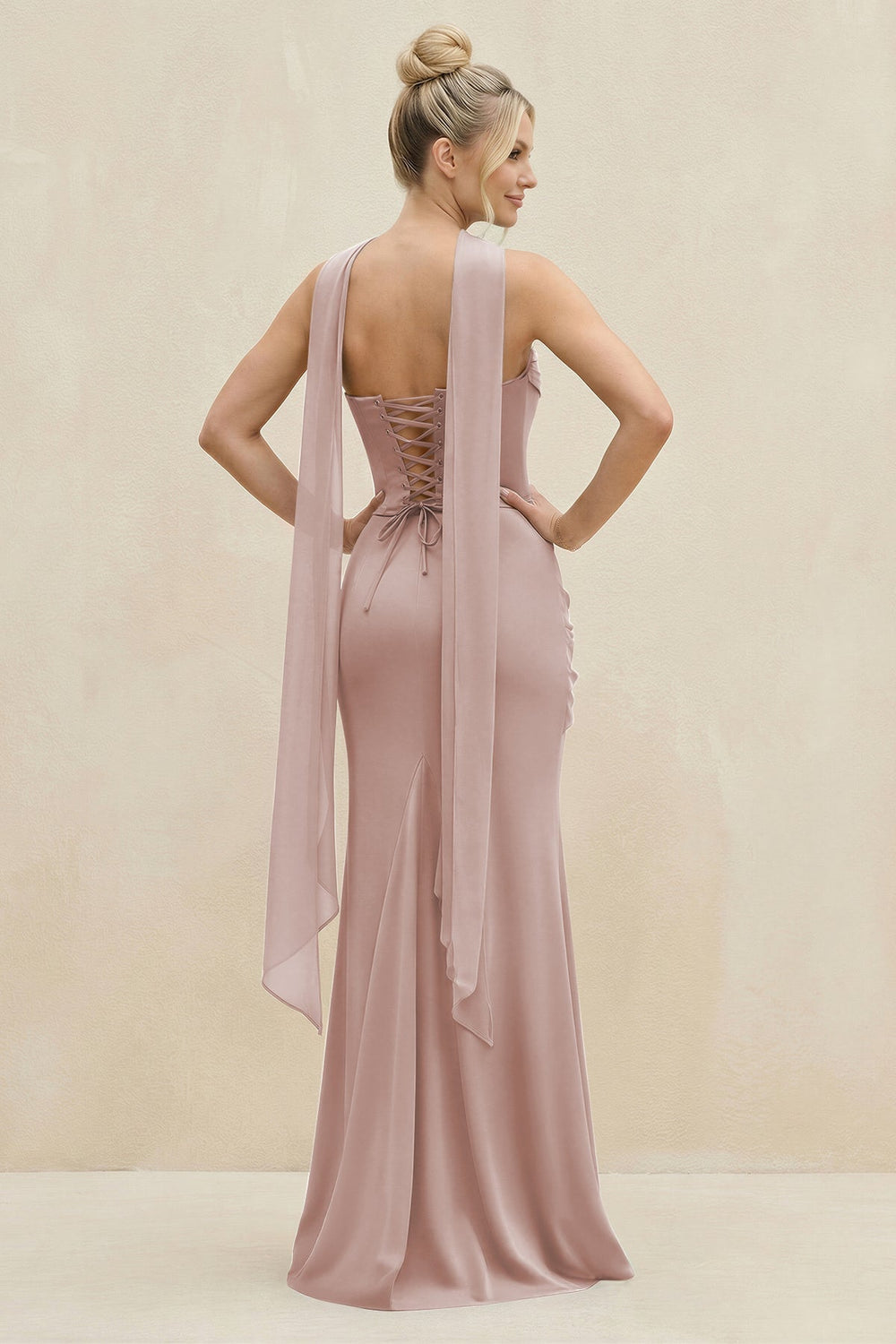 Cowl Neck Sheath Chiffon Bridesmaid Dress with Ribbon in Toffee - KissProm Bridesmaid Dresses