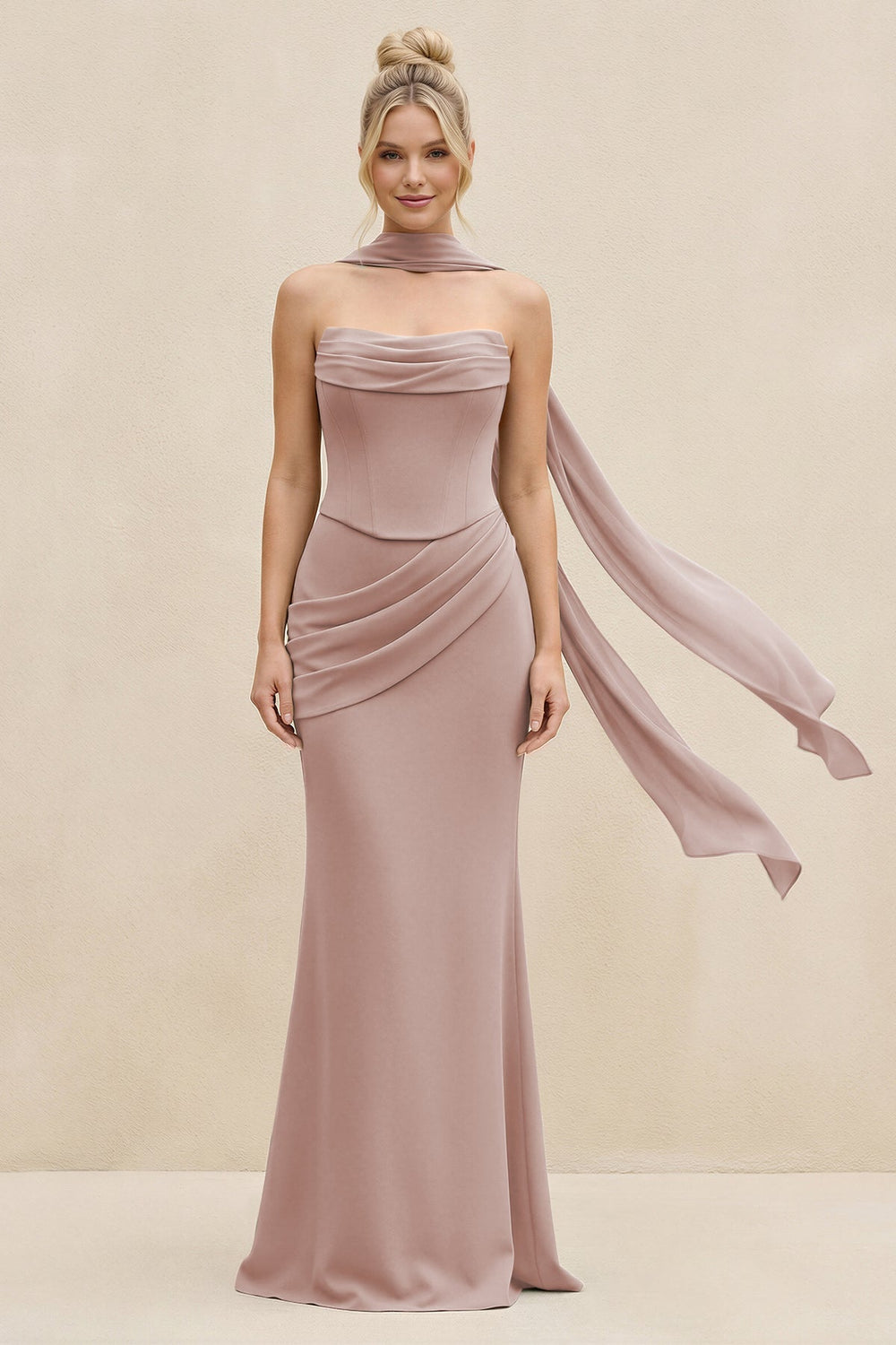 Cowl Neck Sheath Chiffon Bridesmaid Dress with Ribbon in Toffee - KissProm Bridesmaid Dresses