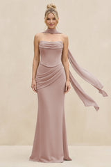 Cowl Neck Sheath Chiffon Bridesmaid Dress with Ribbon in Toffee - KissProm Bridesmaid Dresses
