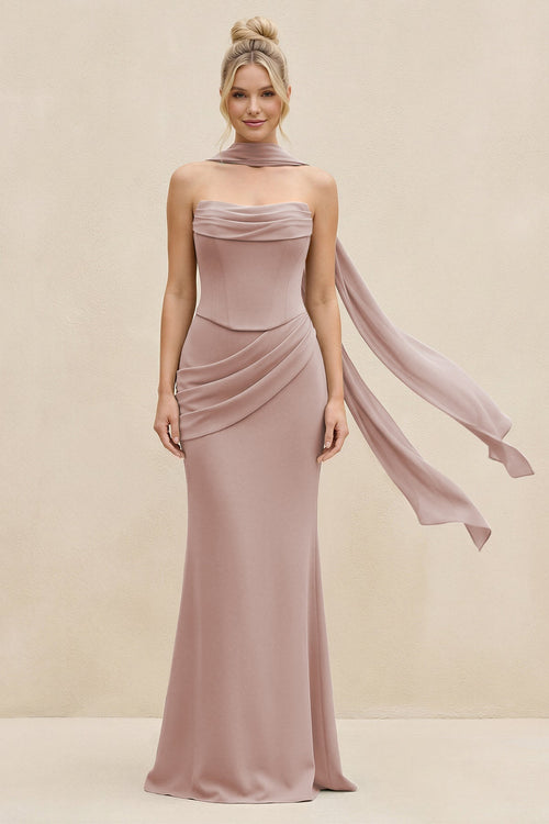 Cowl Neck Sheath Chiffon Bridesmaid Dress with Ribbon in Toffee - KissProm Bridesmaid Dresses