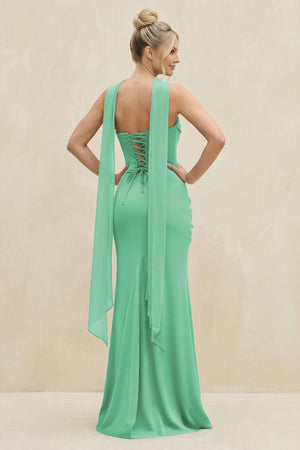 Cowl Neck Sheath Chiffon Bridesmaid Dress with Ribbon in Turquoise - KissProm Bridesmaid Dresses
