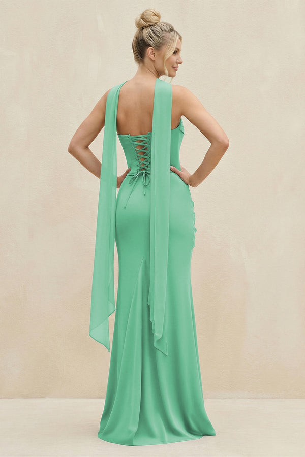 Cowl Neck Sheath Chiffon Bridesmaid Dress with Ribbon in Turquoise - KissProm Bridesmaid Dresses