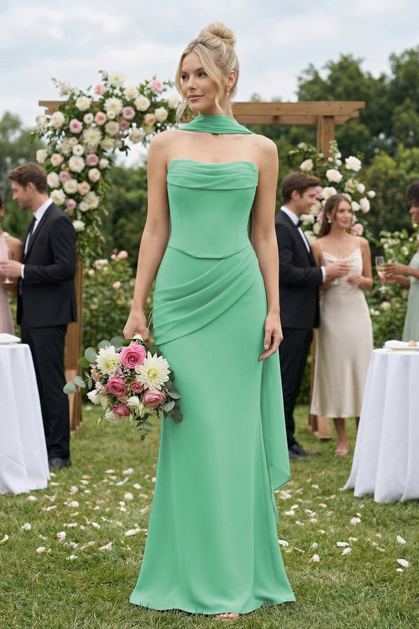 Cowl Neck Sheath Chiffon Bridesmaid Dress with Ribbon in Turquoise - KissProm Bridesmaid Dresses
