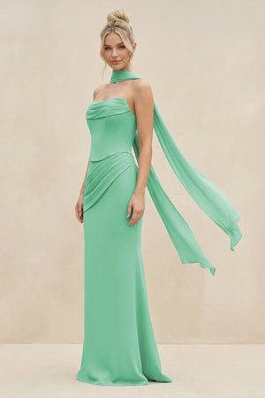 Cowl Neck Sheath Chiffon Bridesmaid Dress with Ribbon in Turquoise - KissProm Bridesmaid Dresses