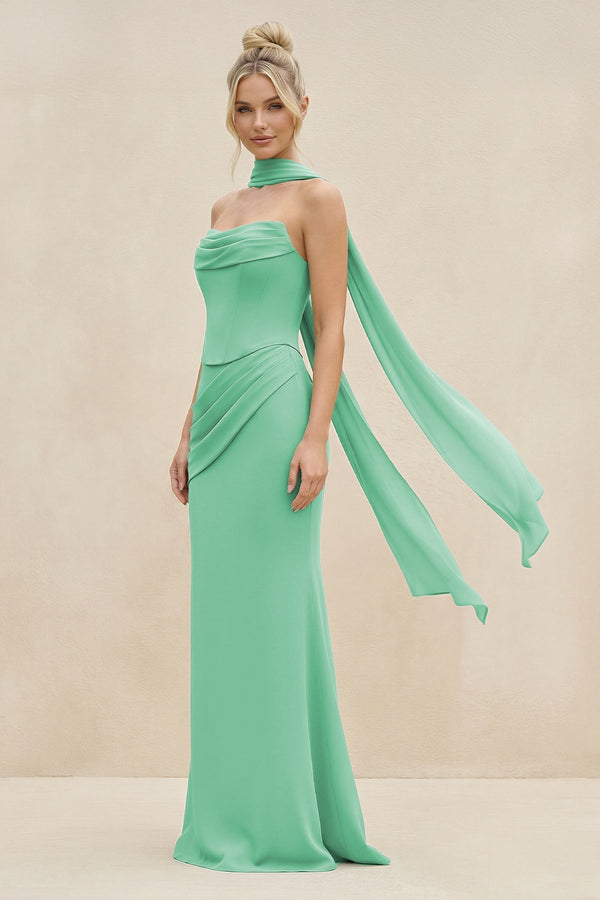 Cowl Neck Sheath Chiffon Bridesmaid Dress with Ribbon in Turquoise - KissProm Bridesmaid Dresses
