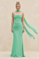 Cowl Neck Sheath Chiffon Bridesmaid Dress with Ribbon in Turquoise - KissProm Bridesmaid Dresses
